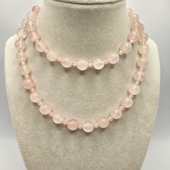 VINTAGE Genuine Rose Quartz Pink Alternating Round Beaded Strand 29" Necklace - Picture 2 of 7